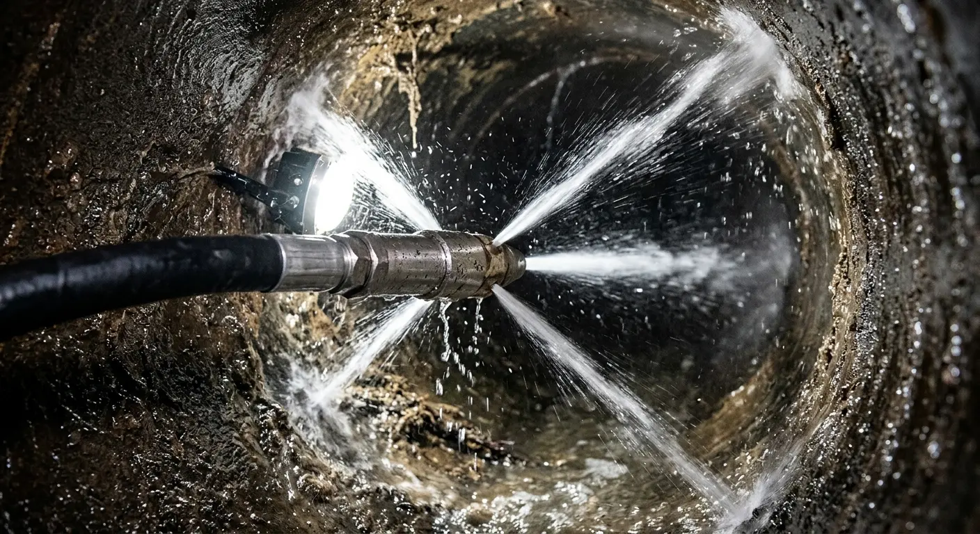 High-pressure hydro jetting nozzle cleaning sewer pipe for Trenchless Sewer Repair in North Syracuse