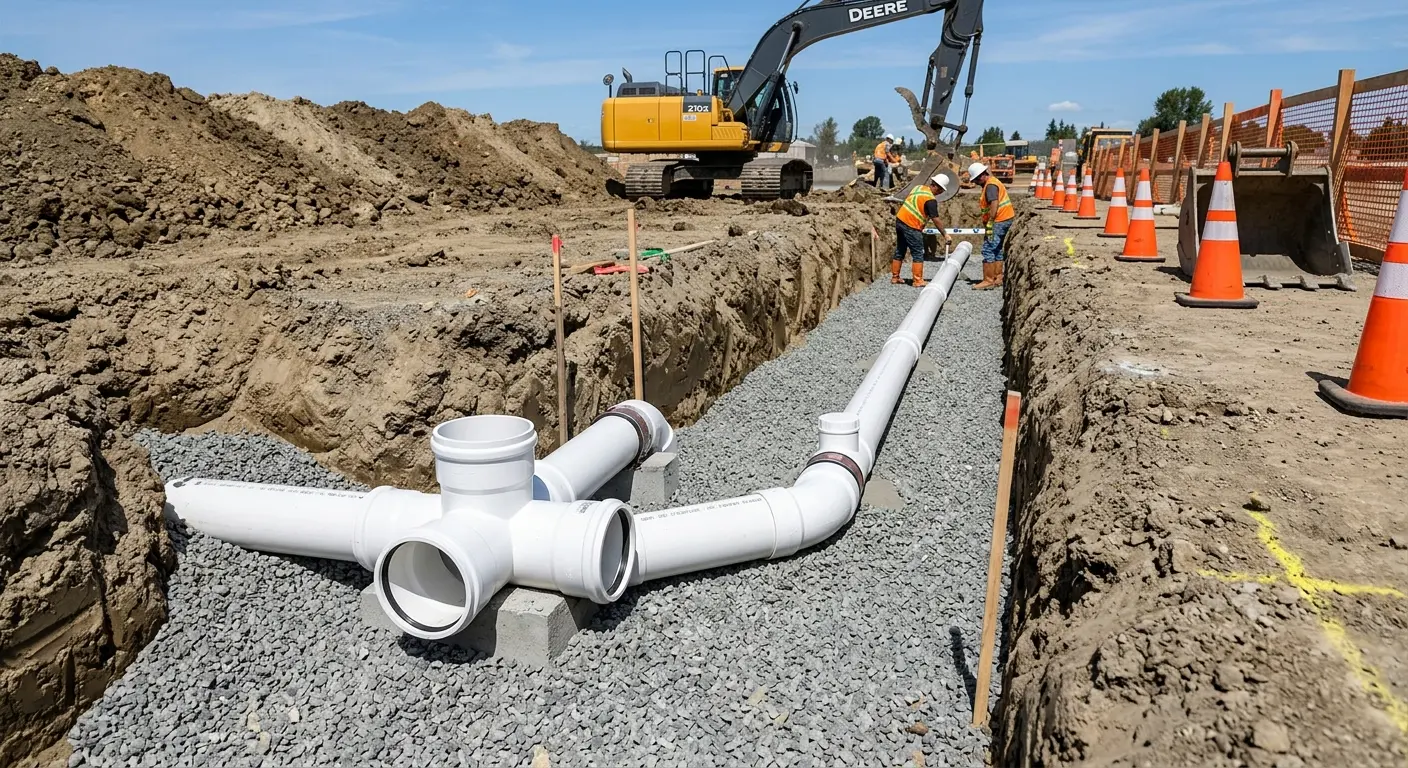 New PVC sewer pipe installation in open trench for Sewer Backup in North Syracuse